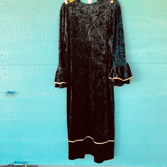EMERALD GREEN BLUE EMBROIDERED CRUSHED VELVET LONG DUSTER BELL SLEEVES L - Picture 3 of 9